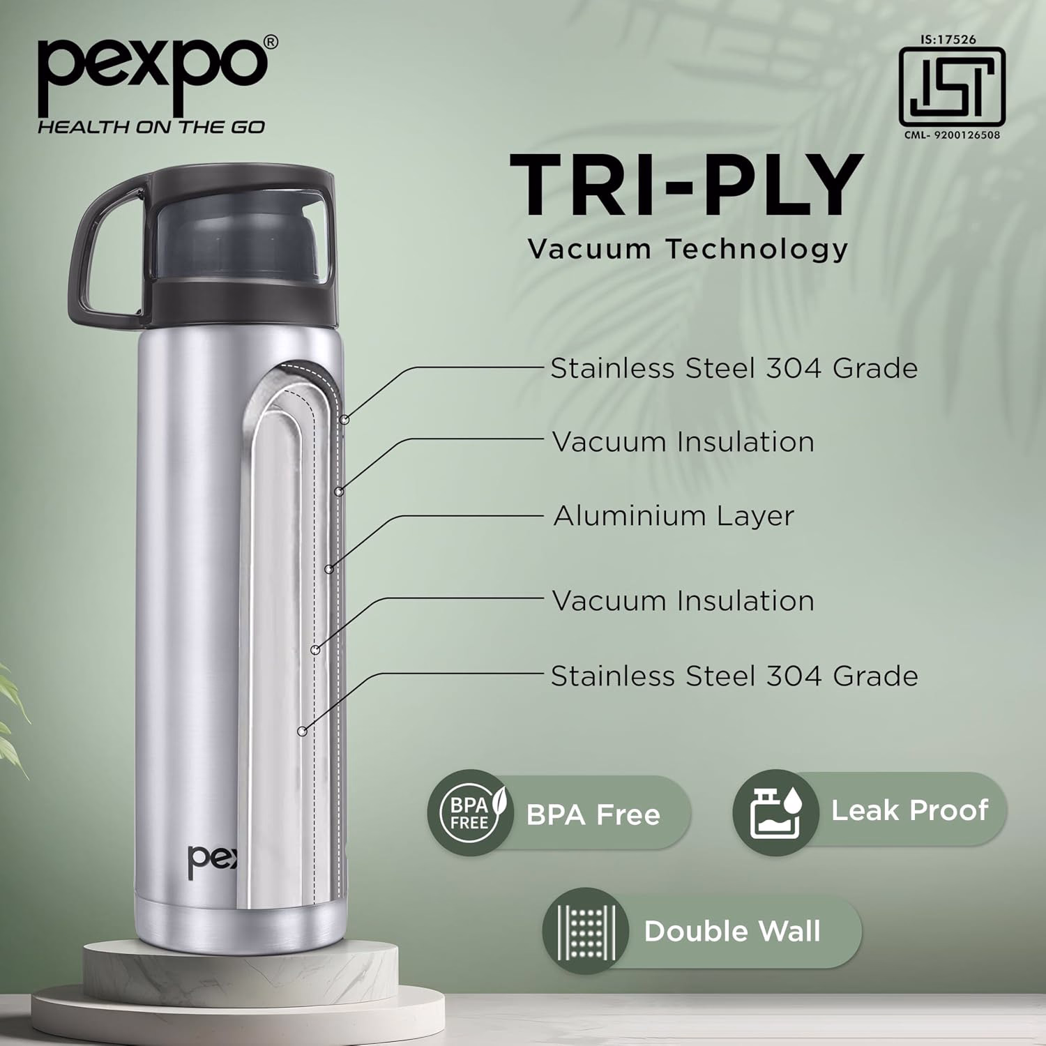 Pexpo - Fererro - Stainless Steel - Water Bottle With Jute Bag