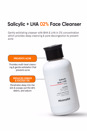 Minimalist - 2% Salicylic Acid + LHA - Face Cleanser - With Zinc For Reducing Sebum & Acne