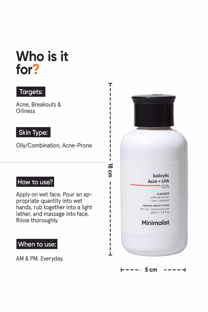 Minimalist - 2% Salicylic Acid + LHA - Face Cleanser - With Zinc For Reducing Sebum & Acne
