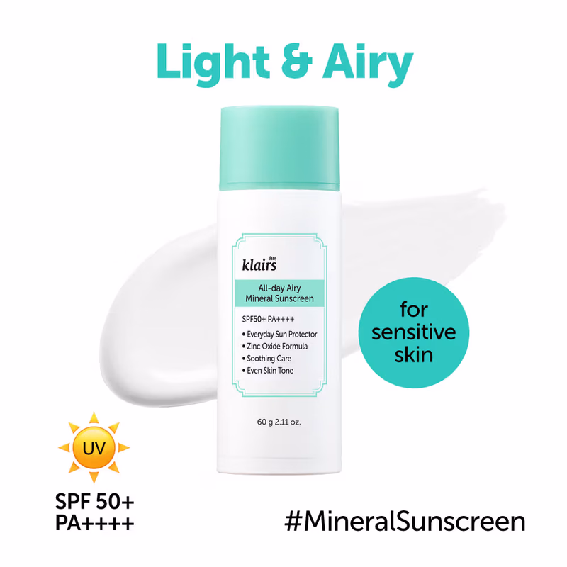 Klairs - All-Day Airy Mineral Sunscreen - SPF50+ PA++++ with Zinc For Acne Prone & Sensitive Skin