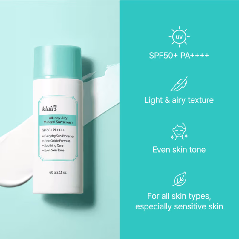 Klairs - All-Day Airy Mineral Sunscreen - SPF50+ PA++++ with Zinc For Acne Prone & Sensitive Skin