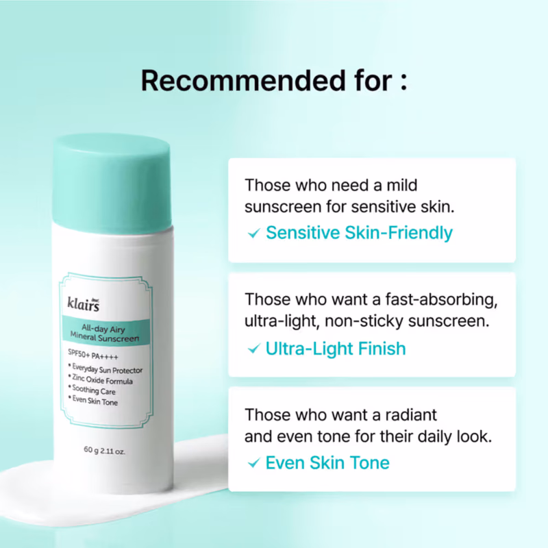 Klairs - All-Day Airy Mineral Sunscreen - SPF50+ PA++++ with Zinc For Acne Prone & Sensitive Skin