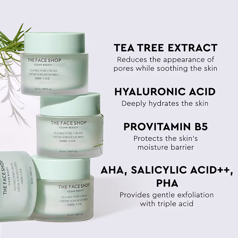 The Face Shop - Tea Tree Pore Cream - Korean Moisturizer with AHA, Salicylic Acid (BHA) & PHA for Acne