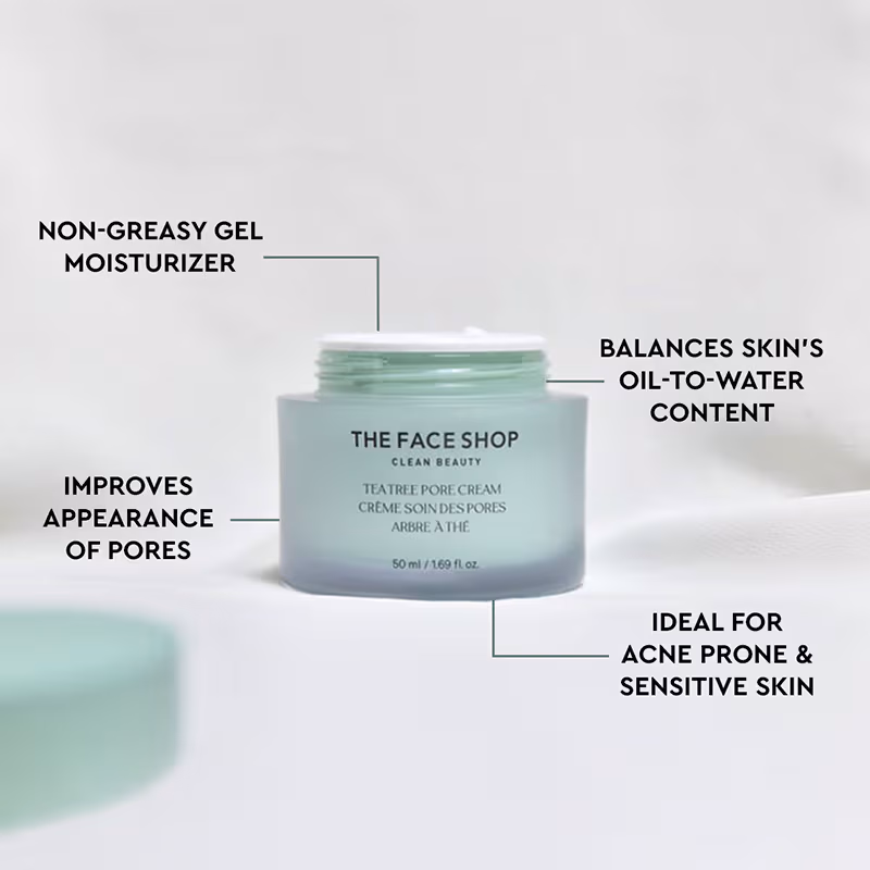 The Face Shop - Tea Tree Pore Cream - Korean Moisturizer with AHA, Salicylic Acid (BHA) & PHA for Acne