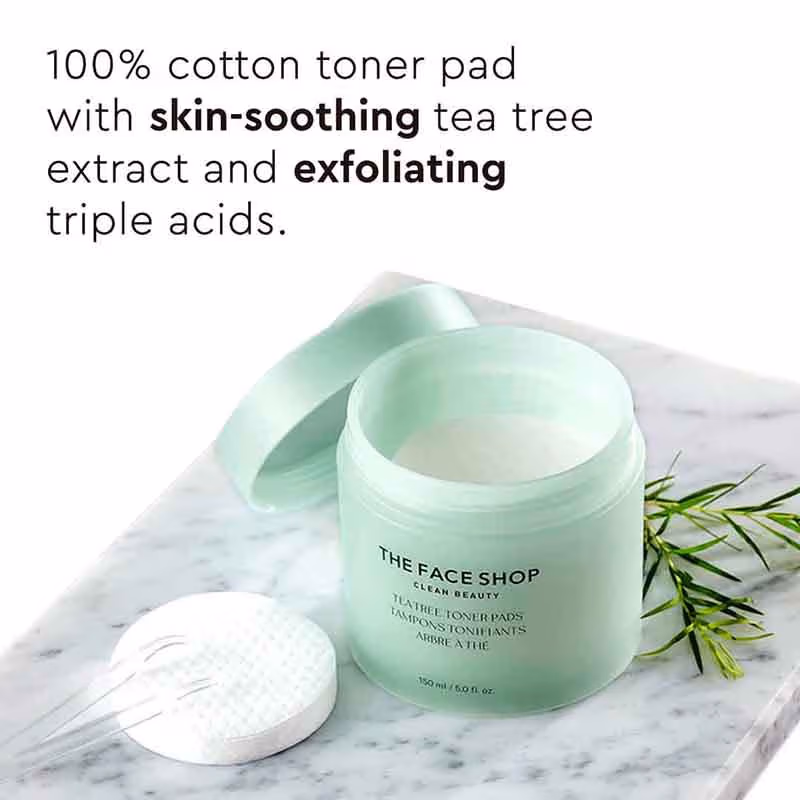 The Face Shop - Tea Tree Korean Toner Pads - with AHA, Salicylic Acid (BHA) & PHA for Acne & Oily Skin