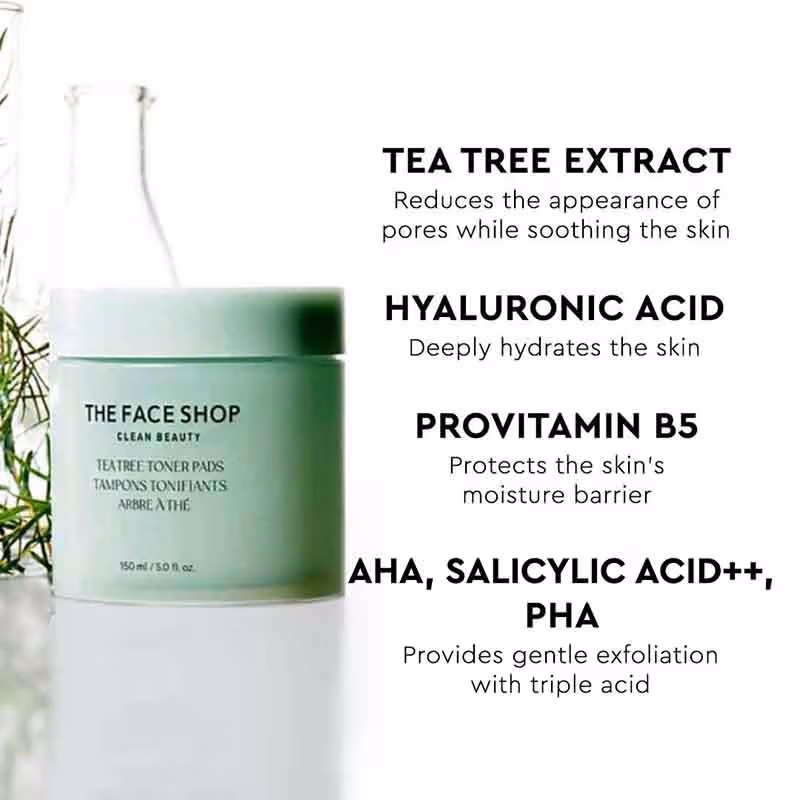 The Face Shop - Tea Tree Korean Toner Pads - with AHA, Salicylic Acid (BHA) & PHA for Acne & Oily Skin