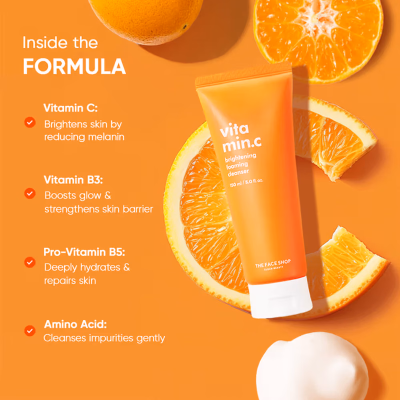 The Face Shop - Vitamin C Brightening Korean Face Wash - Foaming Cleanser with Niacinamide & Panthenol