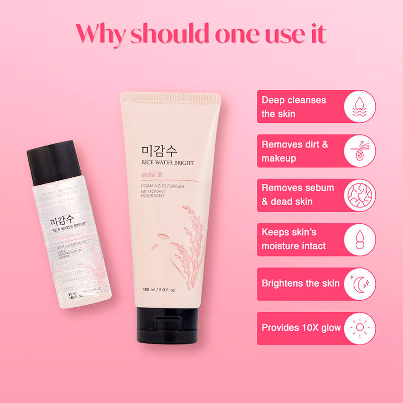 The Face Shop - Rice Water Bright Double Cleansing Kit - With Face Wash & Cleansing Oil