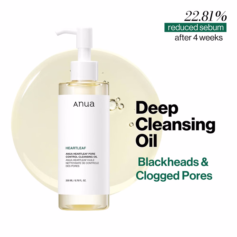 Anua - Heartleaf - Pore Control Cleansing Oil - Removes Makeup, Excess Sebum, Blackheads & Clogged Pores.