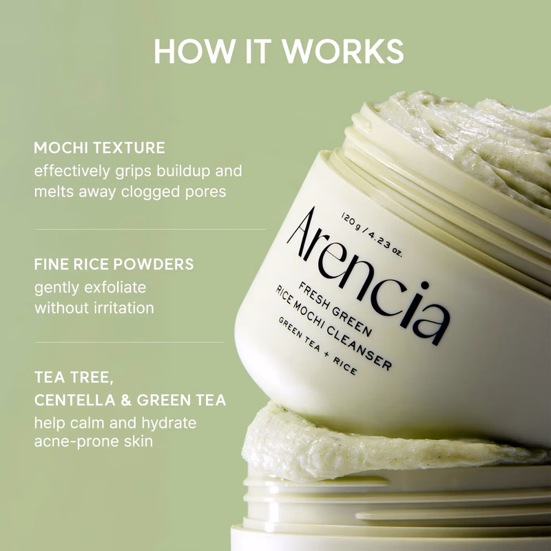 Arencia - Fresh Green Rice - Mochi Cleanser - Korean Cleanser, Mask & Makeup Remover, Reduces Blackheads