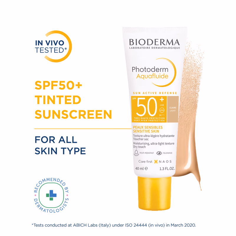 Bioderma  - Photoderm Aquafluide Claire - SPF 50+ PA+++ Tinted Sunscreen for All Skin Types|In Vivo Tested