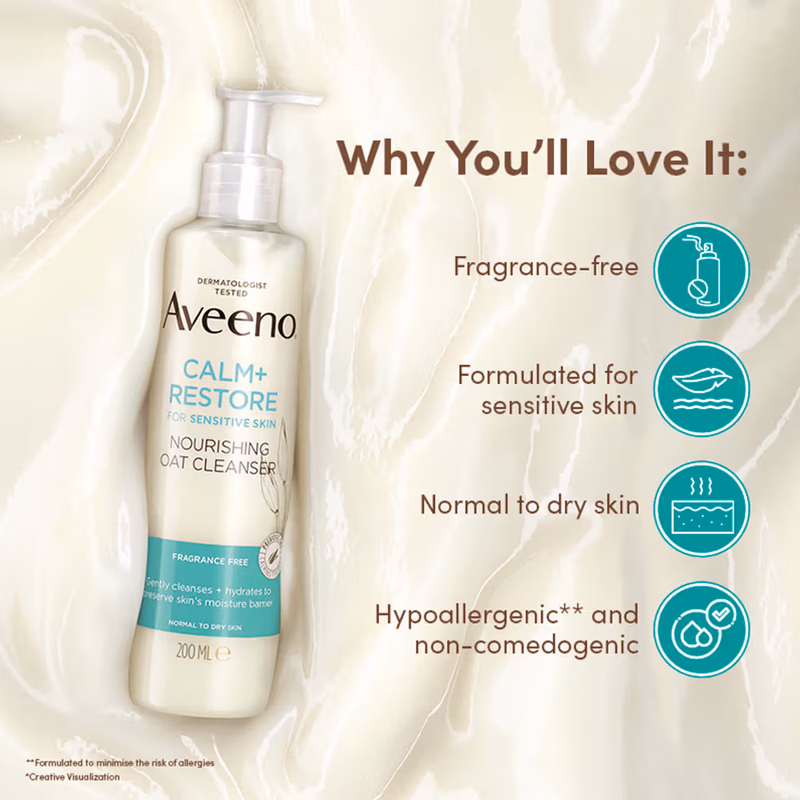 Aveeno - Calm + Restore Non Foaming Moisturising Oat Face Wash - Dry Sensitive Skin Dermat Recommended