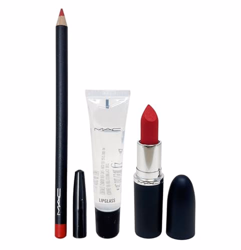 M.A.C -  Ruby Woo - Cosmetics Claim To Fame Lip Trio:- Lip Pencil Lipstick & Lipglass
