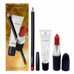 M.A.C - Ruby Woo - Cosmetics Claim To Fame Lip Trio:- Lip Pencil Lipstick & Lipglass