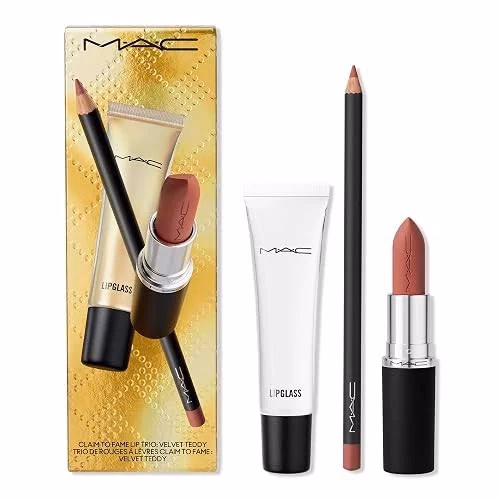M.A.C - Velvet Teddy - Cosmetics Claim To Fame Lip Trio:- Lip Pencil Lipstick & Lipglass