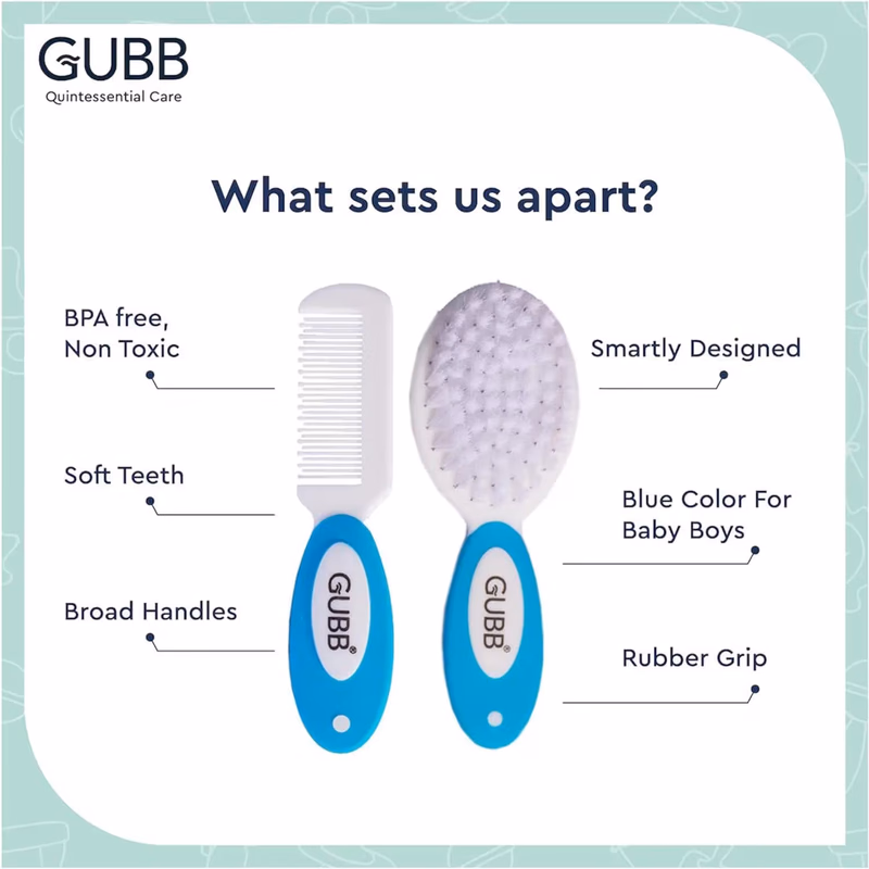Gubb - Baby Grooming Kit - for New Born Baby (0M+) - Baby Comb & Brush Set - Soft Nylon Bristles - Blue