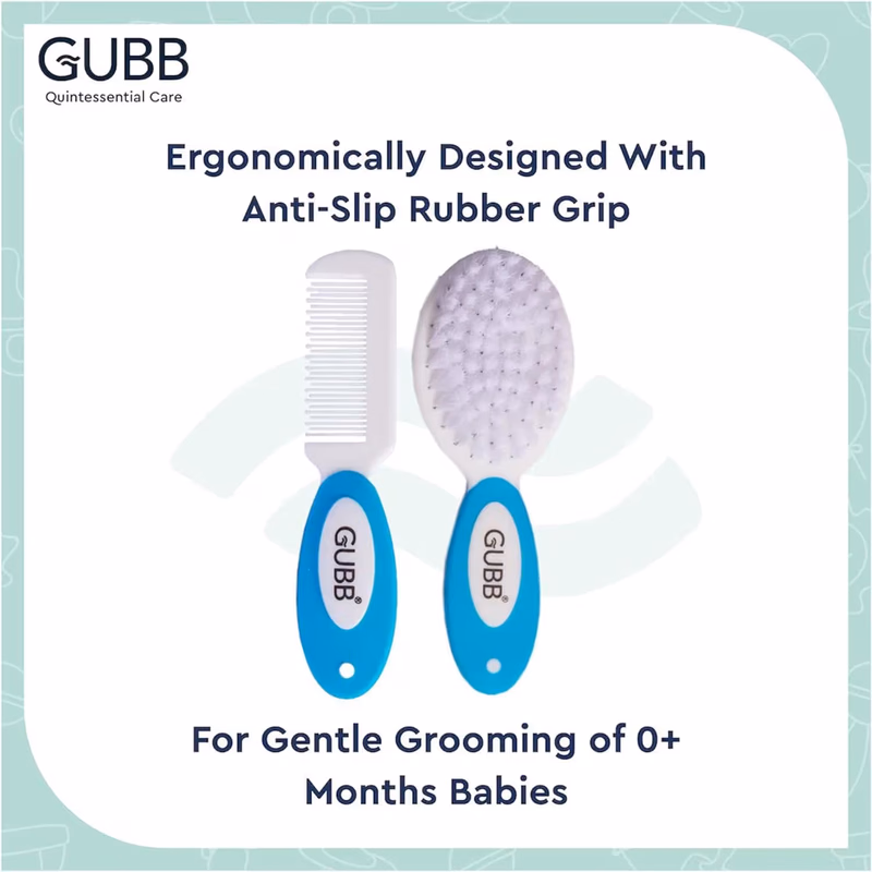 Gubb - Baby Grooming Kit - for New Born Baby (0M+) - Baby Comb & Brush Set - Soft Nylon Bristles - Blue