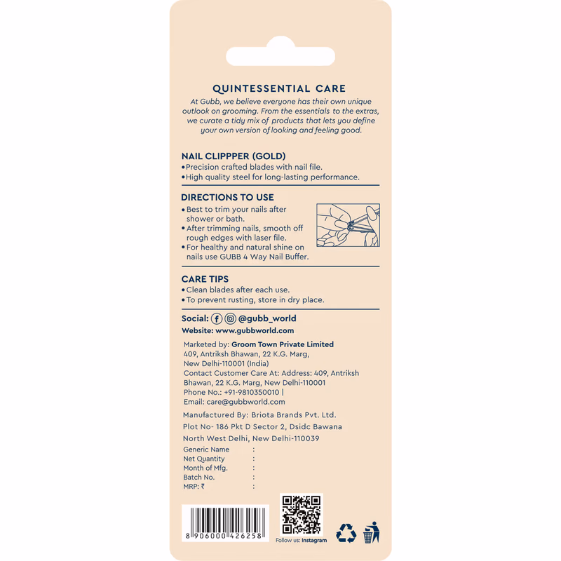 Gubb - Nail Clipper For Men & Women - Fits naturally, Cuts precisely, Easy to hold - Golden