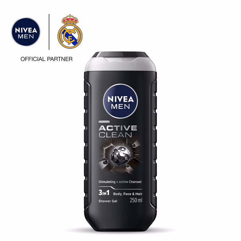 Nivea Men - Active Clean - Stimulating+Active Charcoal-Shower Gel for Body, Face & Hair