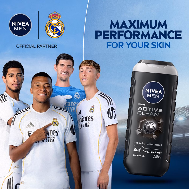 Nivea Men - Active Clean - Stimulating+Active Charcoal-Shower Gel for Body, Face & Hair