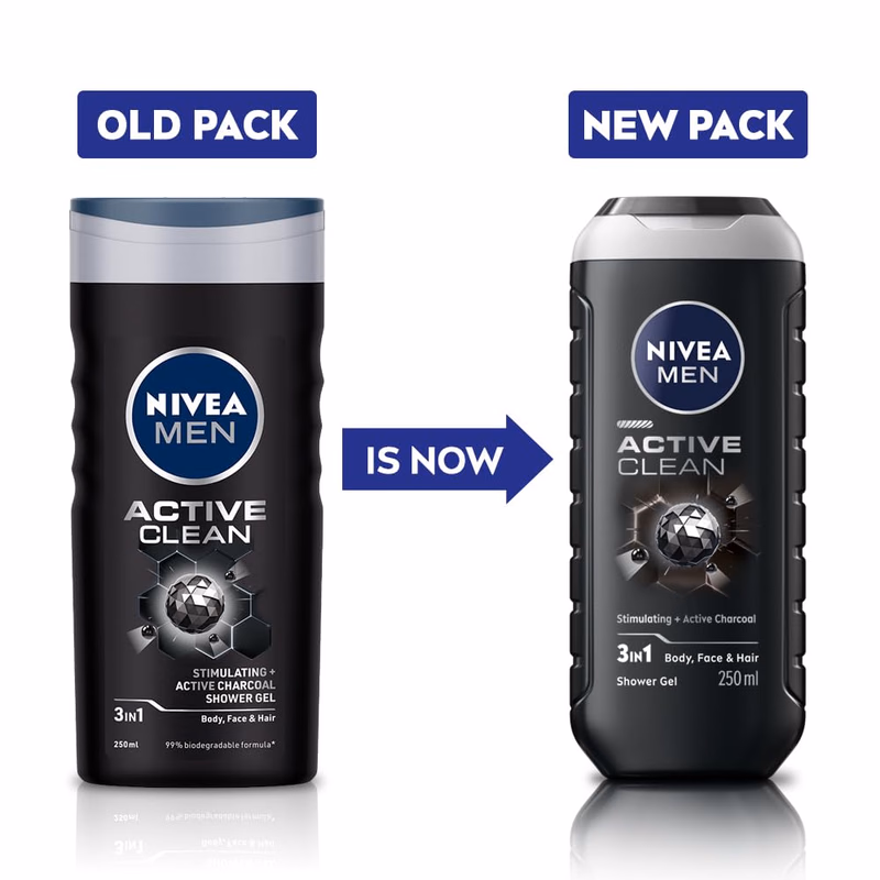 Nivea Men - Active Clean - Stimulating+Active Charcoal-Shower Gel for Body, Face & Hair