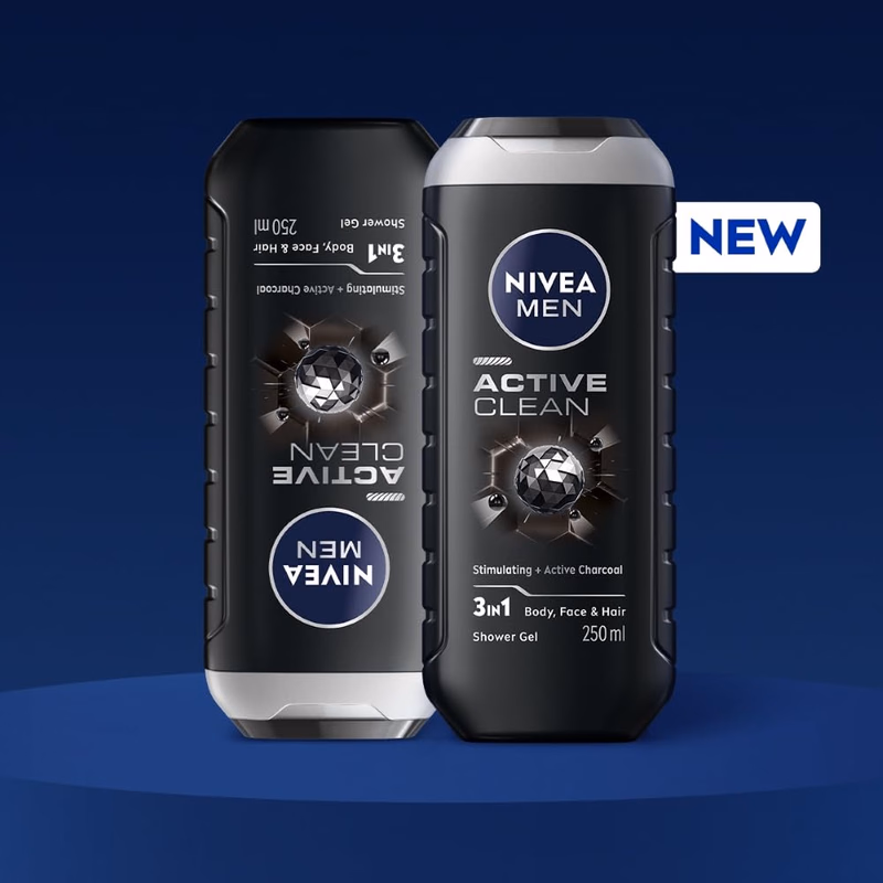 Nivea Men - Active Clean - Stimulating+Active Charcoal-Shower Gel for Body, Face & Hair