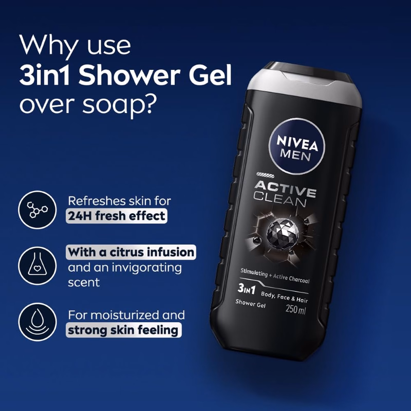 Nivea Men - Active Clean - Stimulating+Active Charcoal-Shower Gel for Body, Face & Hair