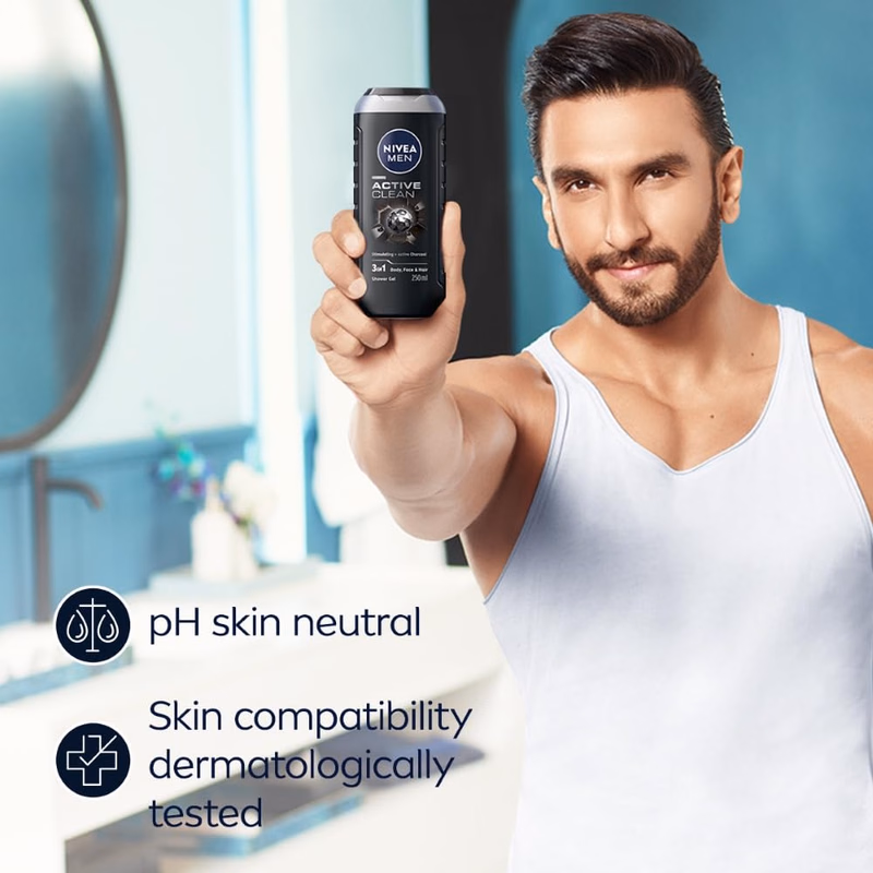 Nivea Men - Active Clean - Stimulating+Active Charcoal-Shower Gel for Body, Face & Hair