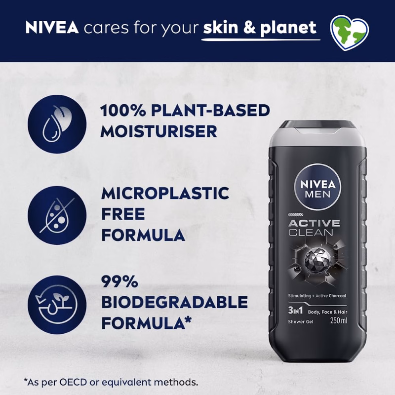 Nivea Men - Active Clean - Stimulating+Active Charcoal-Shower Gel for Body, Face & Hair