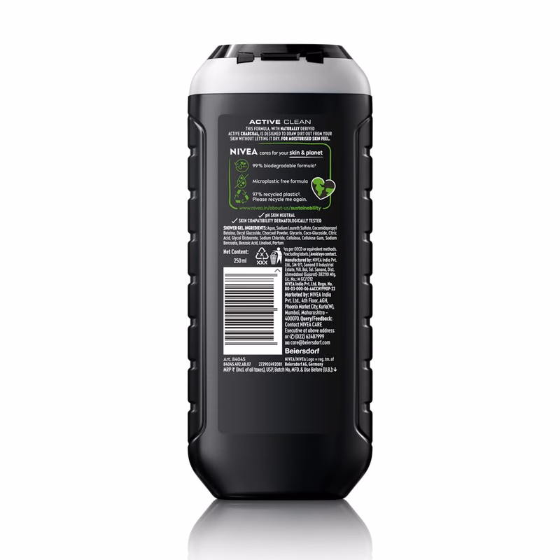 Nivea Men - Active Clean - Stimulating+Active Charcoal-Shower Gel for Body, Face & Hair