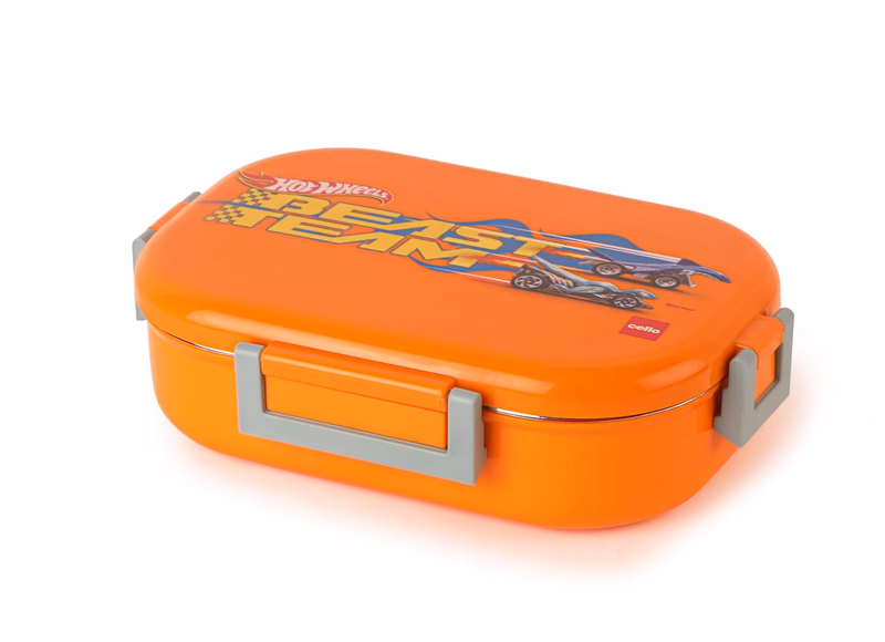Cello - Feast Deluxe - Hot Wheel - Insulated - Kids Lunch Box with Steel Inner (Orange)