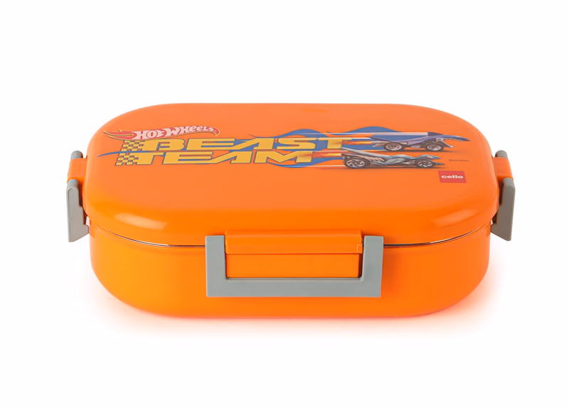 Cello - Feast Deluxe - Hot Wheel - Insulated - Kids Lunch Box with Steel Inner (Orange)