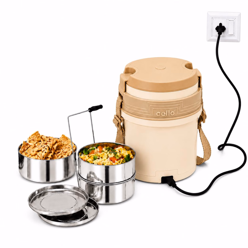 Cello - Newton 3 Tier - Compartment - Stainless Steel - Electric Lunch Box