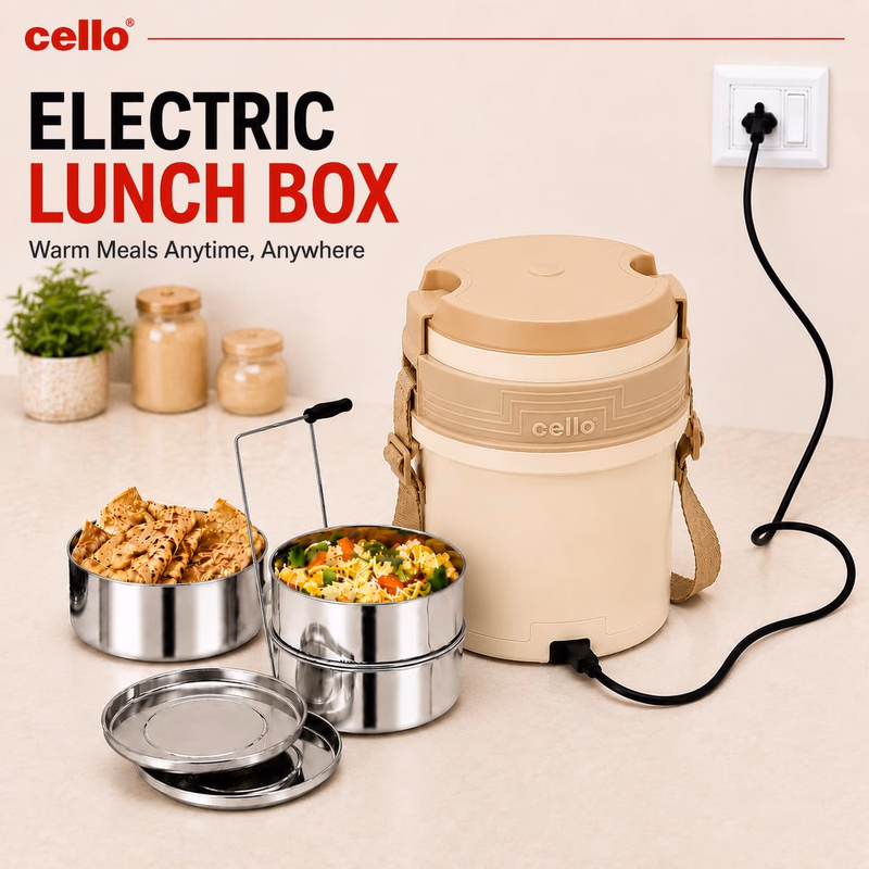 Cello - Newton 3 Tier - Compartment - Stainless Steel - Electric Lunch Box