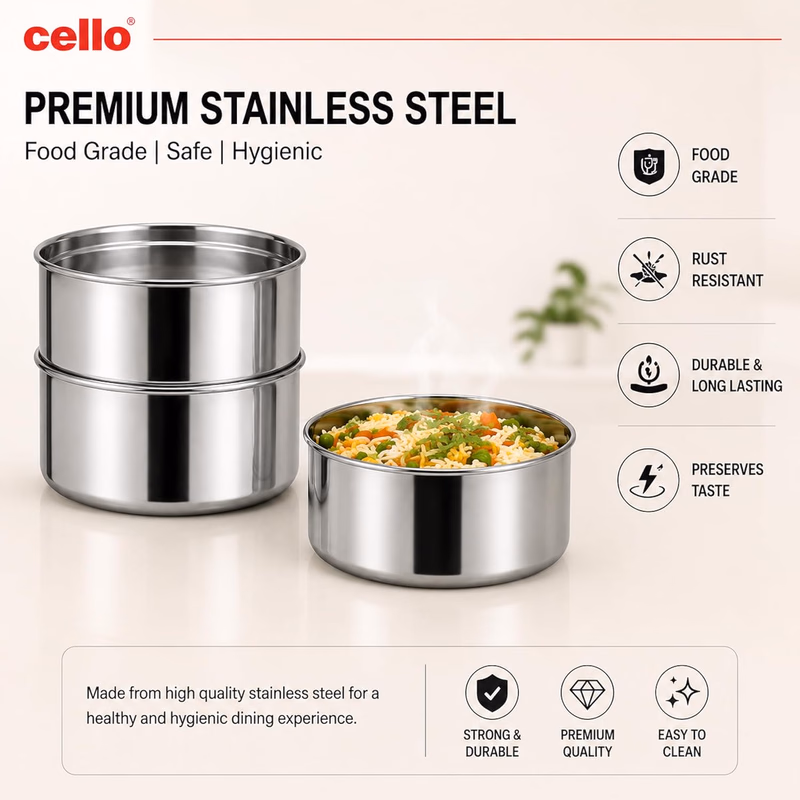Cello - Newton 3 Tier - Compartment - Stainless Steel - Electric Lunch Box