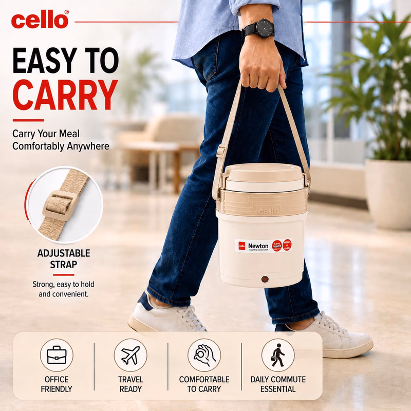 Cello - Newton 3 Tier - Compartment - Stainless Steel - Electric Lunch Box